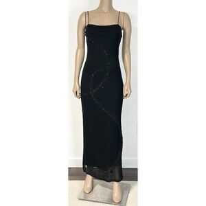 Vtg Y2K Byer Too Beaded Long Fairy Slip Dress Sz M Black Mesh Beaded Sleeveless